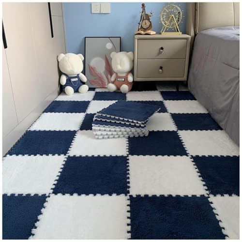 NMVAWIPT 10 Stück Plüsch-Puzzle-Bodenmatten Aus Eva-Schaum, 24 X 24 Zoll Flauschige Ineinandergreifende Schaumstoff-Teppichfliesen, Dicke, rutschfeste Trainingsmatte(Navy Blue+White) von NMVAWIPT