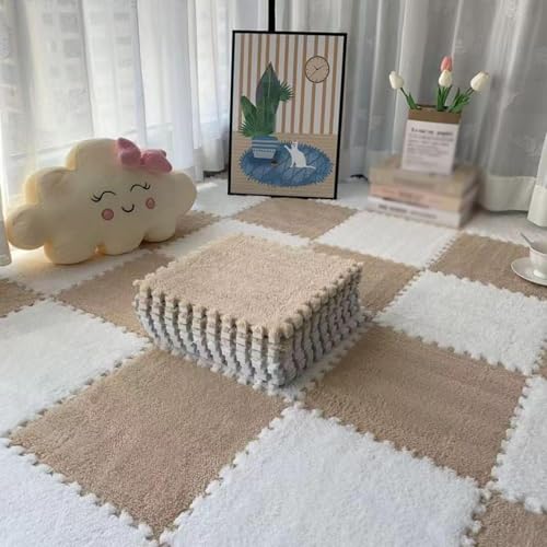 12"x12" Ineinandergreifende Schaumstoff-Teppichfliesen, Plüsch-Puzzle-Teppich, Weiche, rutschfeste Spielmatten-Bodenfliesen(Apricot+White,8PCS) von NMVAWIPT