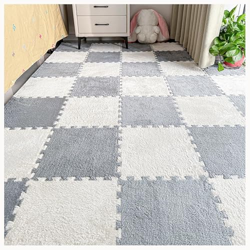 NMVAWIPT 120 Stück Plüsch-Puzzle-Bodenmattenfliesen Aus Schaumstoff, 30 X 30 X 1 cm, Dicke, Zottelige, Ineinander Greifende Teppichfliesen, Flauschige Spielmatte, Flächenteppiche(White+Light Gray) von NMVAWIPT