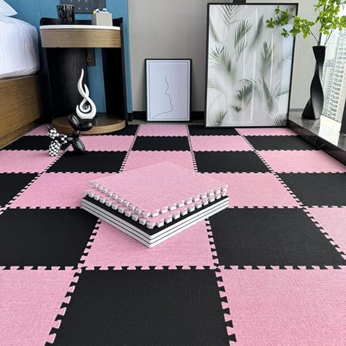 NMVAWIPT 40 Stück Quadratische Bodenmattenfliesen Aus Schaumstoff for Wohnzimmer, Zuhause, Schlafzimmer, rutschfeste Ineinander Greifende Teppichfliesen(Black+Pink) von NMVAWIPT
