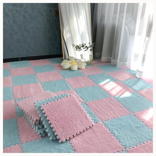 NMVAWIPT 50 Stück Flauschige Puzzlematten for Den Boden, 0,4 Zoll Dicke, Weiche, Zottelige Ineinandergreifende Teppichfliesen, Leicht Zu Reinigen Und Aufzubewahren.(Sky Blue+Pink) von NMVAWIPT
