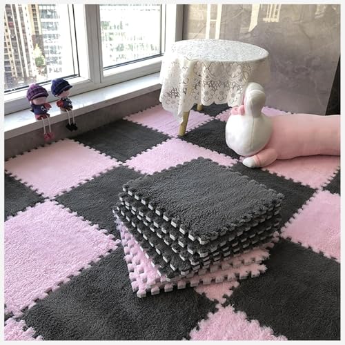 NMVAWIPT 50 Stück Ineinander Greifende Teppichfliesen Mit Rand, Puzzle-Teppich, Flauschiger Plüsch, rutschfeste Quadratische Schaumstoff-Bodenmatte, Flauschige Fliesen(Gray+Pink) von NMVAWIPT