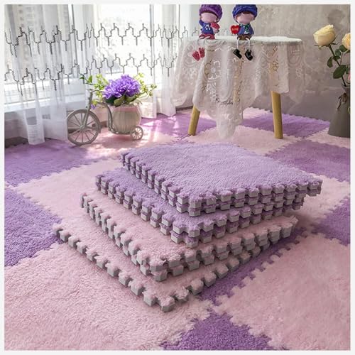 NMVAWIPT 50 Stück Ineinander Greifende Teppichfliesen Mit Rand, Puzzle-Teppich, Flauschiger Plüsch, rutschfeste Quadratische Schaumstoff-Bodenmatte, Flauschige Fliesen(Pink+Purple) von NMVAWIPT
