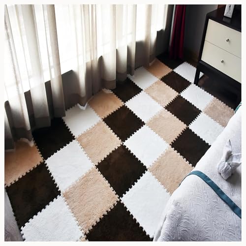 50 Stück Plüschschaum-Bodenmatten-Fliesen-Teppich Mit Rand, Zottelige Ineinander Greifende Teppichfliesen(Dark Brown+Apricot+White) von NMVAWIPT