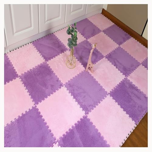 50 Stück Plüschschaum-Bodenmatten-Fliesen-Teppich Mit Rand, Zottelige Ineinander Greifende Teppichfliesen(Light Purple+Pink) von NMVAWIPT