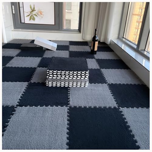 50 Stück Zottelige Ineinandergreifende Schaumstoff-Teppichfliesen, 12 X 12 Zoll Große Plüsch-Schaumstoff-Bodenmatte, Weiche, rutschfeste Teppich-Puzzlematten(Black+Gray) von NMVAWIPT