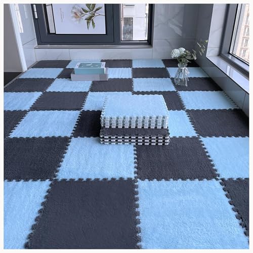50 Stück Zottelige Ineinandergreifende Schaumstoff-Teppichfliesen, 12 X 12 Zoll Große Plüsch-Schaumstoff-Bodenmatte, Weiche, rutschfeste Teppich-Puzzlematten(Gray+Light Blue) von NMVAWIPT