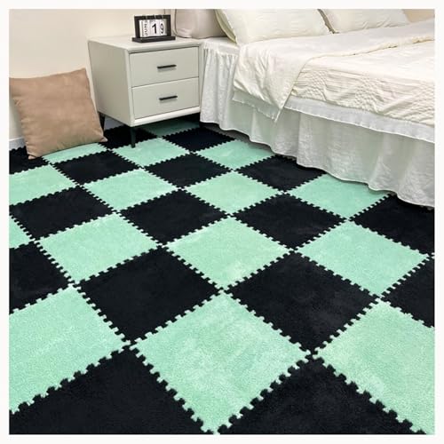 NMVAWIPT 50 Stück rutschfeste, Waschbare, Zottelige, Ineinandergreifende Schaumstoff-Teppichfliesen, 12 X 12 Zoll Große Plüsch-Schaumstoff-Bodenmattenfliesen(Black+Green) von NMVAWIPT