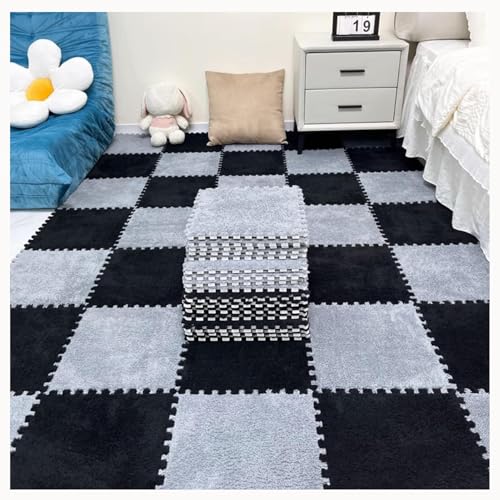 NMVAWIPT 50 Stück rutschfeste, Waschbare, Zottelige, Ineinandergreifende Schaumstoff-Teppichfliesen, 12 X 12 Zoll Große Plüsch-Schaumstoff-Bodenmattenfliesen(Gray+Black) von NMVAWIPT