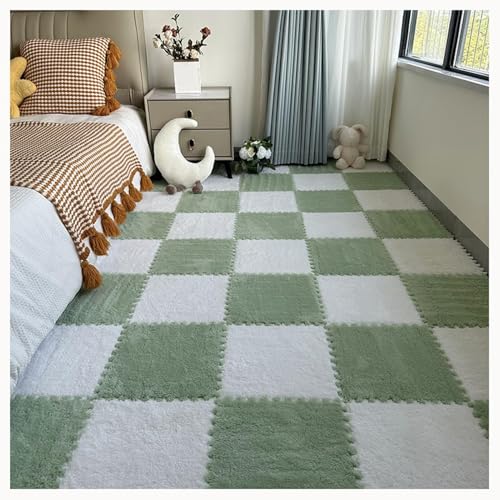 NMVAWIPT 60 Stück – 30 X 30 cm – Zottelige Ineinander Greifende Teppichfliesen, 0,4 Zoll Dicke Plüschschaum-Boden-Puzzlematte for Den Boden, Flauschig, rutschfest(White+Green) von NMVAWIPT