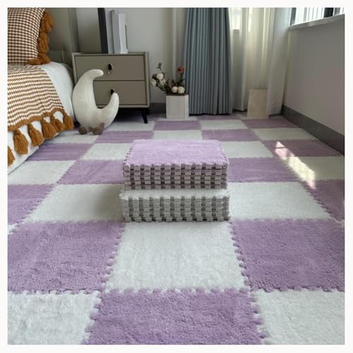 NMVAWIPT 60 Stück – 30 X 30 cm – Zottelige Ineinander Greifende Teppichfliesen, 0,4 Zoll Dicke Plüschschaum-Boden-Puzzlematte for Den Boden, Flauschig, rutschfest(White+Purple) von NMVAWIPT