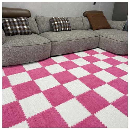 NMVAWIPT Plüsch-Teppichfliesen, 20 Stück, 30 cm, Quadratisch, Ineinandergreifende Schaumstofffliesen, Puzzle-Teppich, Flauschige, Flauschige Bodenfliesen(White+Rose Red,1cm) von NMVAWIPT