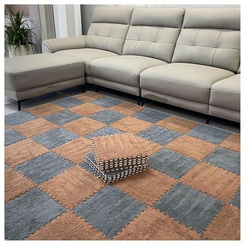 Plüsch-Teppichfliesen, 20 Stück, 30 cm, Quadratisch, Ineinandergreifende Schaumstofffliesen, Puzzle-Teppich, Flauschige, Flauschige Bodenfliesen(Coffee+Gray,0.6cm) von NMVAWIPT