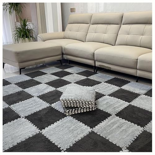 Plüsch-Teppichfliesen, 20 Stück, 30 cm, Quadratisch, Ineinandergreifende Schaumstofffliesen, Puzzle-Teppich, Flauschige, Flauschige Bodenfliesen(Gray+Black,0.6cm) von NMVAWIPT