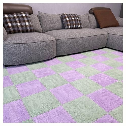 Plüsch-Teppichfliesen, 20 Stück, 30 cm, Quadratisch, Ineinandergreifende Schaumstofffliesen, Puzzle-Teppich, Flauschige, Flauschige Bodenfliesen(Purple+Light Green,1cm) von NMVAWIPT