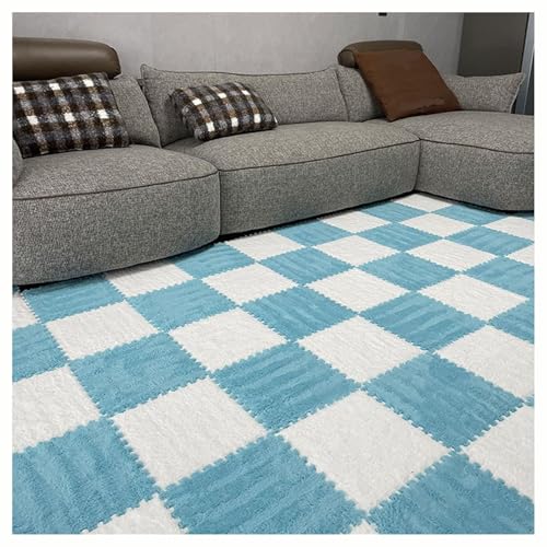 Plüsch-Teppichfliesen, 20 Stück, 30 cm, Quadratisch, Ineinandergreifende Schaumstofffliesen, Puzzle-Teppich, Flauschige, Flauschige Bodenfliesen(White+Dark Blue,0.6cm) von NMVAWIPT