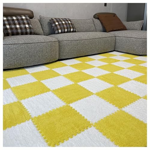 Plüsch-Teppichfliesen, 20 Stück, 30 cm, Quadratisch, Ineinandergreifende Schaumstofffliesen, Puzzle-Teppich, Flauschige, Flauschige Bodenfliesen(White+Yellow,1cm) von NMVAWIPT