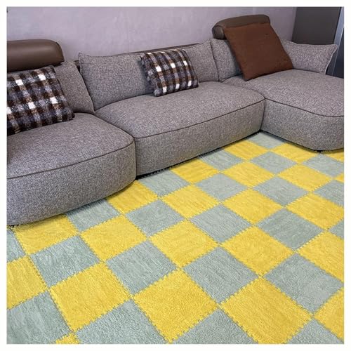 Plüsch-Teppichfliesen, 20 Stück, 30 cm, Quadratisch, Ineinandergreifende Schaumstofffliesen, Puzzle-Teppich, Flauschige, Flauschige Bodenfliesen(Yellow+Light Green,1cm) von NMVAWIPT