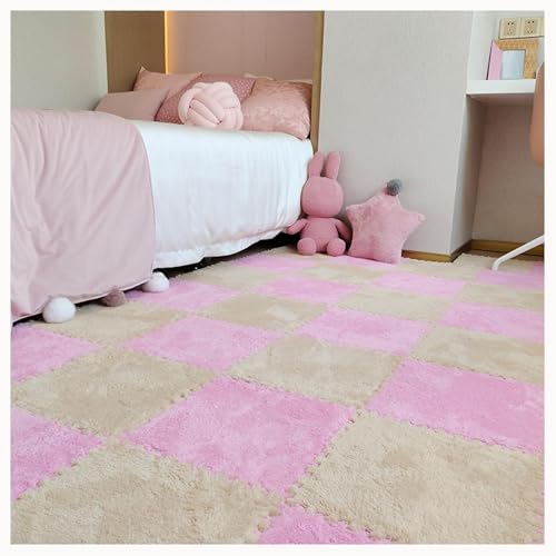 Shaggy Interlocking Foam Teppichfliesen, 45 Stück Flauschige Puzzle Spielmatte for Wohnzimmer Schlafzimmer Dekoration,(Pink+Apricot) von NMVAWIPT