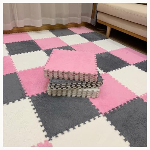 Zottelige Ineinander Greifende Schaumstoff-Teppichfliesen, Weich, Dick, 1,2 cm, Flauschige Plüsch-Schaumstoff-Bodenmatte, rutschfeste Teppich-Puzzlematten, 40 Stück(Light Gray+Pink+White) von NMVAWIPT