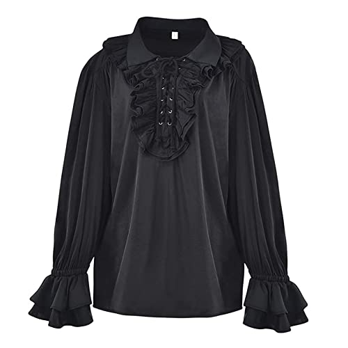 NNGOTD Mittelalterliches -Hemd für Männer mit Bund im Hofstil für Halloween, zweiteiliges Bierfest-Kostümset (Black, XXXXL) von NNGOTD