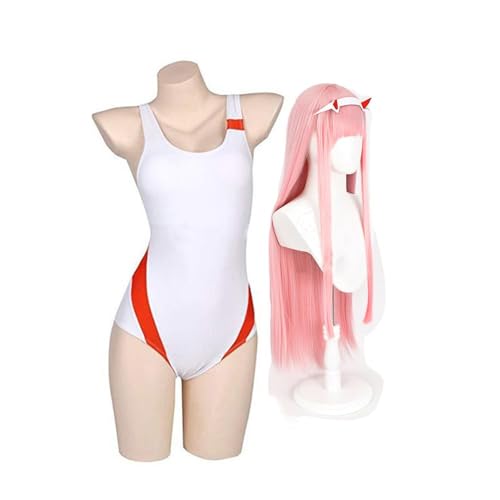 NOAFUNZO DARLING in the FRANXX Badeanzug Zero Two Cosplay Weiß Bademode Halloween Cosplay Party Kostüm Verkleidung Party Outfits (Zero Two + Perücke, L) von NOAFUNZO