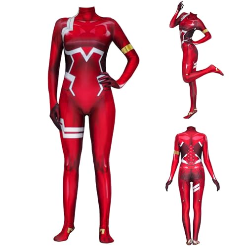 NOAFUNZO Darling in The FRANXX Cosplay Kostüm,02 Zero Two Cosplay Rot Overall Kampfkleidung-Halloween Party Jumpsuit Onesies,Elastischer Body im Animationscharakter Stil (Null Zwei, XL) von NOAFUNZO