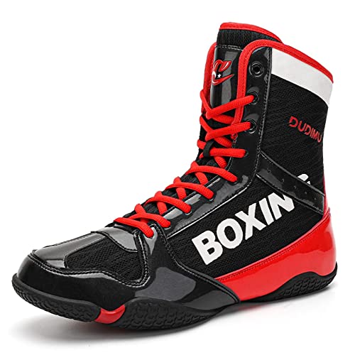 NOAFUNZO Herren-Boxschuhe, Wrestling-Stiefel, Teenager, Muay Thai, Kickboxen, Sparring (Rot, Größe 45) von NOAFUNZO