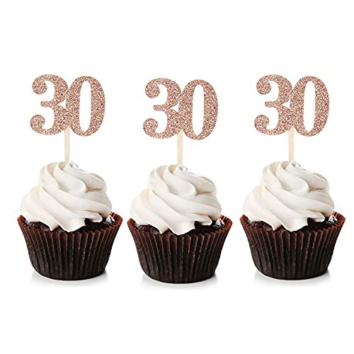 Unimall Global 24PCS Rose Gold Glitter Nummer 30 Cupcake Toppers 30. Geburtstag Cupcake Picks Partydekorationen von NOBRAND