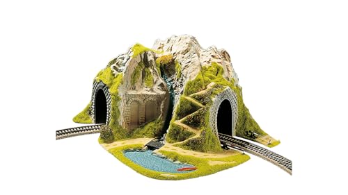 NOCH® Ecktunnel, 1-gleisig gebogen mit antiker Arkadenmauer für H0 Modelleisenbahnlandschaft, inklusive kleinem Badesee und Kanu von NOCH