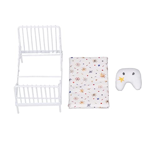 NOENNULL 1:12 Dollhouse Miniatur -Bett Set, Weißer Metalldachbettrahmen mit Matratzenkissen, Realistische Mini -Schlafzimmermöbel für Puppenhaus, DIY -Handwerk, Modellanzeige (Sternmuster) von NOENNULL