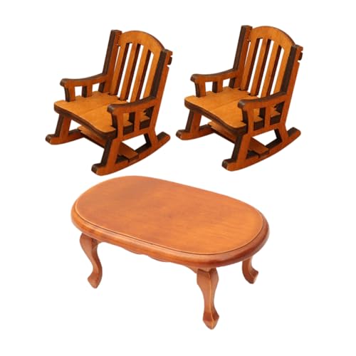 NOLITOY 3Stücke Brauner Couchtisch und Schaukelstuhl aus Holz Miniatur Zubehör für DIY Bastelprojekte und Fotografie Requisiten Puppenhaus Deko von NOLITOY