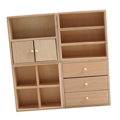 NOLITOY 4 Stück Teiliges DIY Miniaturmöbel aus Massivem Holz Realistischer Mini Schrank für Puppenhaus Detailgetreu Vielseitig Einsetzbar Kreatives Bastelset für Wohn Schlafzimmer von NOLITOY