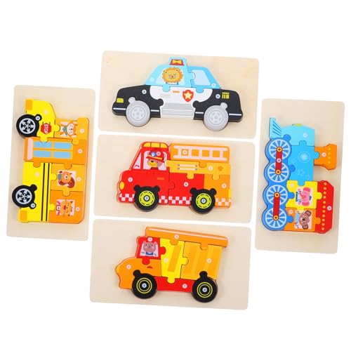 NOLITOY 5 Sätze Teiliges Holzpuzzle Lernspielzeug für Feuerwehr Bus Zug Polizei und LKW Pädagogisches Puzzle Feinmotorik Hand Auge koordination und Kognitiven Fähigkeiten von NOLITOY