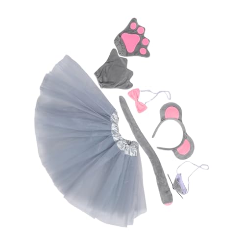 NOLITOY 7 Stück Teiliges Mauskostüm Graues mit Tüllrock Mausohren Haarreif Schleife und Handschuhen für Halloween Schulaufführungen Themenpartys und Festtage von NOLITOY