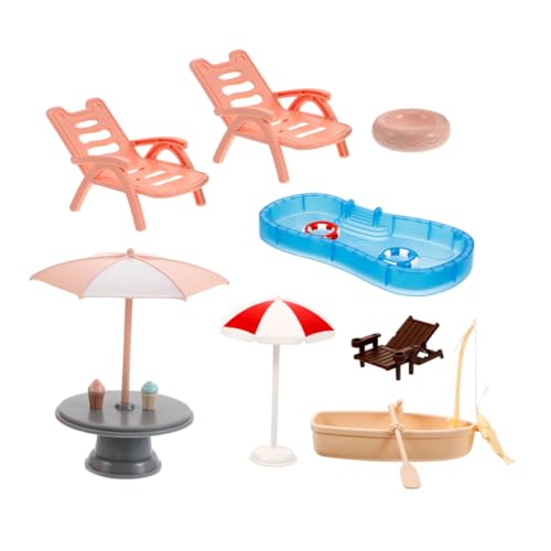 NOLITOY Miniatur Schwimmbad mit Schwimmring Strandstuhl Sonnenschirm und Boot Puppenhaus Strandzubehör für DIY und Kreative Spielszenen Tragbar und Detailgetreu von NOLITOY