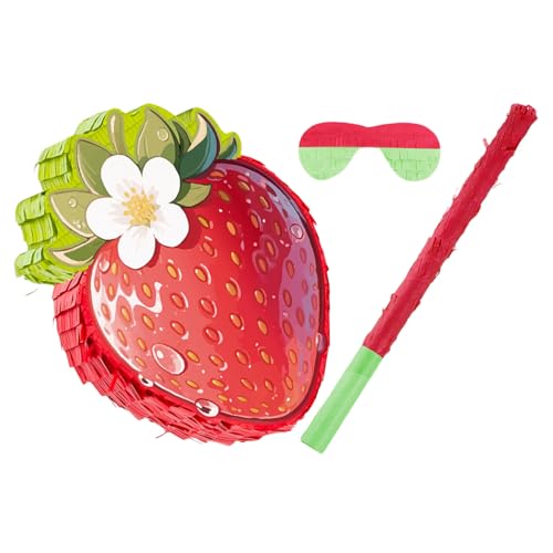 NOLITOY Rote Erdbeer-piñata mit Robustem Aufhänger und Nachfüllöffnung Lustiges Geburtstags-partyspiel für Vielseitige Sommerfruchtdeko Inklusive Augenbinde Partyaktivität von NOLITOY