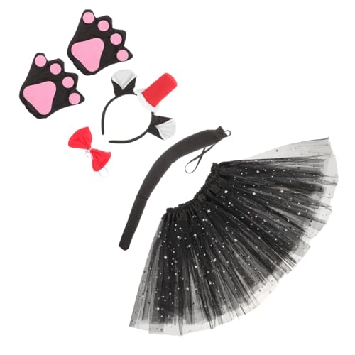 NOLITOY Tierkostüm Set Mädchen mit Katzenohren Haarreif Roter Hut Schwarzer Stern Tutu Rock und Handschuhen für Halloween Party und Karneval Cosplay Zubehör von NOLITOY