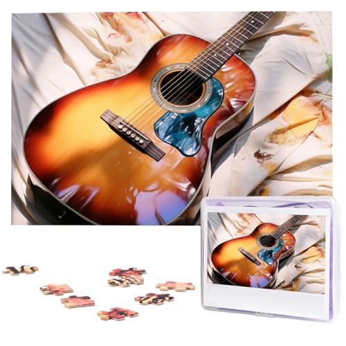 1000-teiliges Puzzle für Erwachsene, herausforderndes Puzzle für Spielabende, Geschenke, personalisiertes Bild, Puzzle, Aquarell, Akustikgitarre, Holzpuzzle für Familie, fertige Größe 74,9 x 50 cm von NONHAI