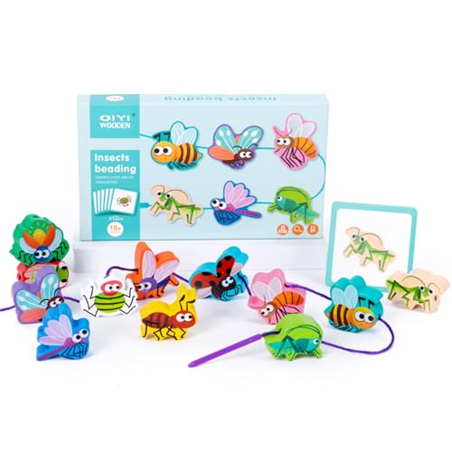 NOOLY Montessori Fädelspielzeug Aus Holz Für 3+ Jahre Alte Jungen Und Mädchen CSJM-02 (Insekten) von NOOLY