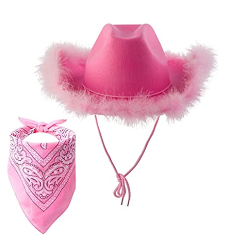 NOPEILVI Frauen Cowboyhut, Flauschige Federkammhüte Feste Farbe Sonnenhüte, rosa Cowboyhut Cowgirl -Hüte mit Schal -Kostüm -Accessoire Set für Dating Party Kostümparty 2pcs von NOPEILVI
