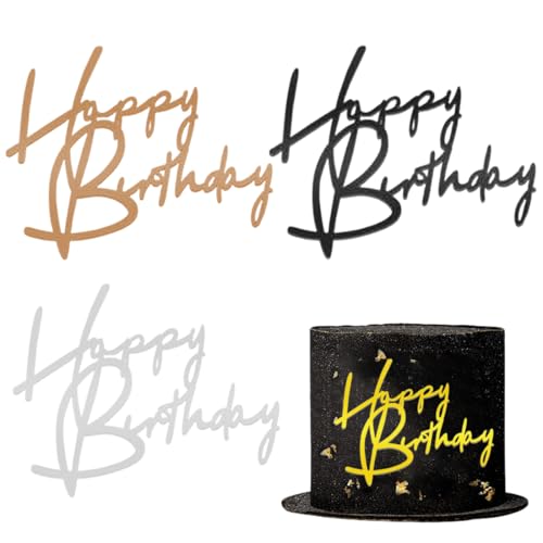 NOPKESV 3 Pcs Happy Birthday Cake Decoration, Acrylic, Mirror Cake Decoration, Accessories (Silber, Roségold, Schwarz) von NOPKESV