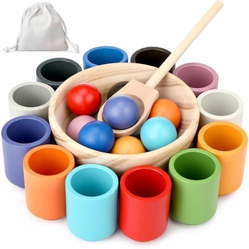 NOREO Montessori Spielzeug aus Holz – Sortieren und Stapeln der Farben – 12 Kugeln 30 mm, Becher, Löffel und Schüssel – Entwicklung der Feinmotorik und Koordination – Lerngeschenk für Kinder 2-5 Jahre NOREO Montessori Spielzeug aus Holz – Sortieren und Stapeln der Farben – 12 Kugeln 30 mm, Becher, Löffel und Schüssel – Entwicklung der Feinmotorik und Koordination – Lerngeschenk für Kinder 2-5 Jahre von NOREO