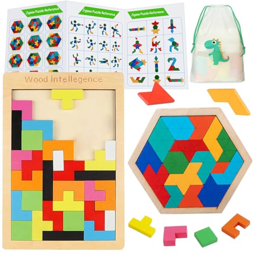 2 Stück Holz Kinder Puzzle Holz Tangram Puzzle Set, Holzpuzzle Gehirn Spiel Baustein Intelligenz Pädagogisches Geschenk Hölzernen Sechseck-Puzzle für Kinder über 3 Jahre alt Jungen und Mädchen von NOZVYCI