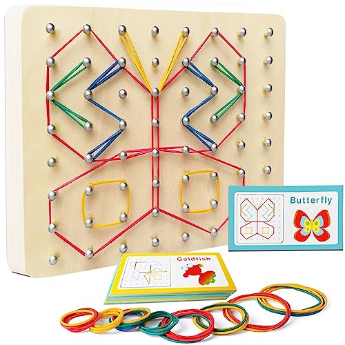 NOZVYCI Geoboard Holz, Montessori Motorikspielzeug Forme Unzählige Figuren auf Dem Board-30 Musterkarten und 53 Gummibänder Lernspielzeug für Kinder Geschenk Jungen Mädchen ab 3 Jahren von NOZVYCI