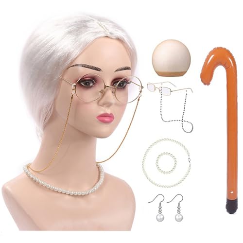NPXUAMTJ 100 Days Of School Old Lady Kostüm Set Halloween Oma Kostüm Set Oma Brille Halskette Ohrringe für Mädchen Kinder von NPXUAMTJ