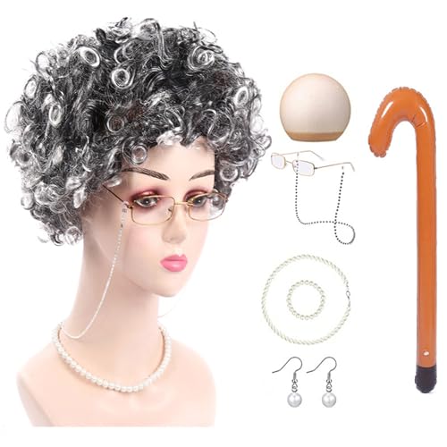 NPXUAMTJ 100 Days Of School Old Lady Kostüm Set Halloween Oma Kostüm Set Oma Brille Halskette Ohrringe für Mädchen Kinder von NPXUAMTJ
