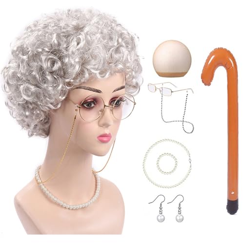 NPXUAMTJ 100 Days Of School Old Lady Kostüm Set Halloween Oma Kostüm Set Oma Brille Halskette Ohrringe für Mädchen Kinder von NPXUAMTJ
