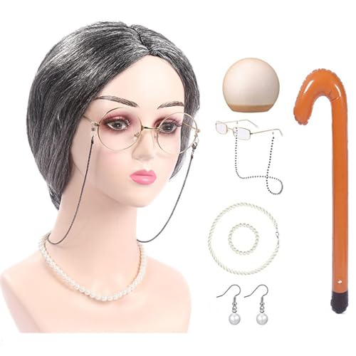 NPXUAMTJ 100 Days Of School Old Lady Kostüm Set Halloween Oma Kostüm Set Oma Brille Halskette Ohrringe für Mädchen Kinder von NPXUAMTJ