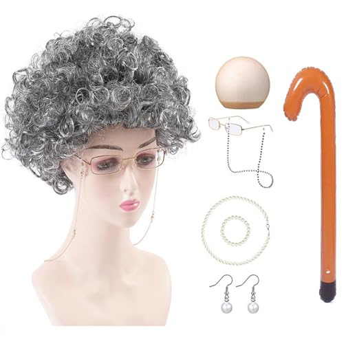 NPXUAMTJ 100 Days Of School Old Lady Kostüm Set Halloween Oma Kostüm Set Oma Brille Halskette Ohrringe für Mädchen Kinder von NPXUAMTJ